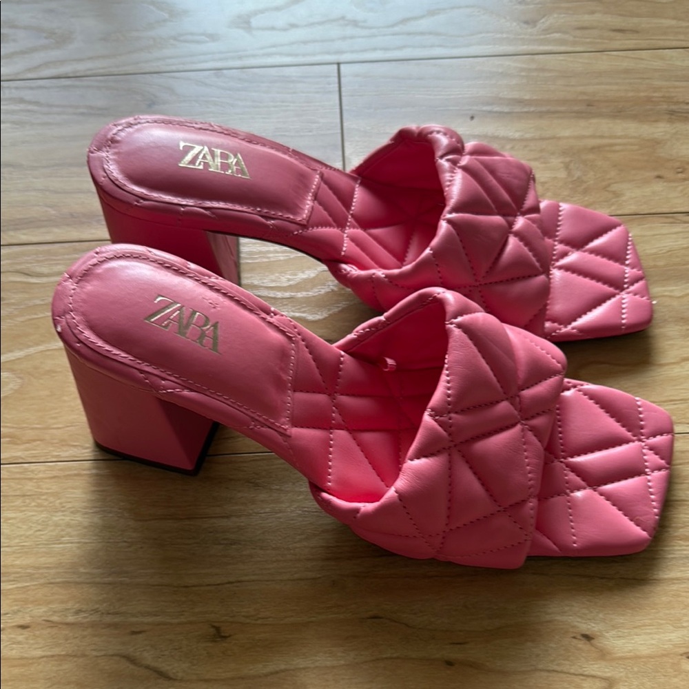 Zara Pink Quilted Heels Square-Toe Design